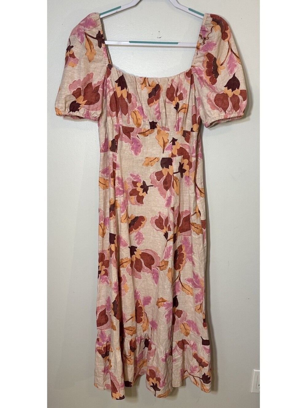 London Times Soft Pink Large Floral Print Flowy Boho Maxi Dress Slit Smocked 10